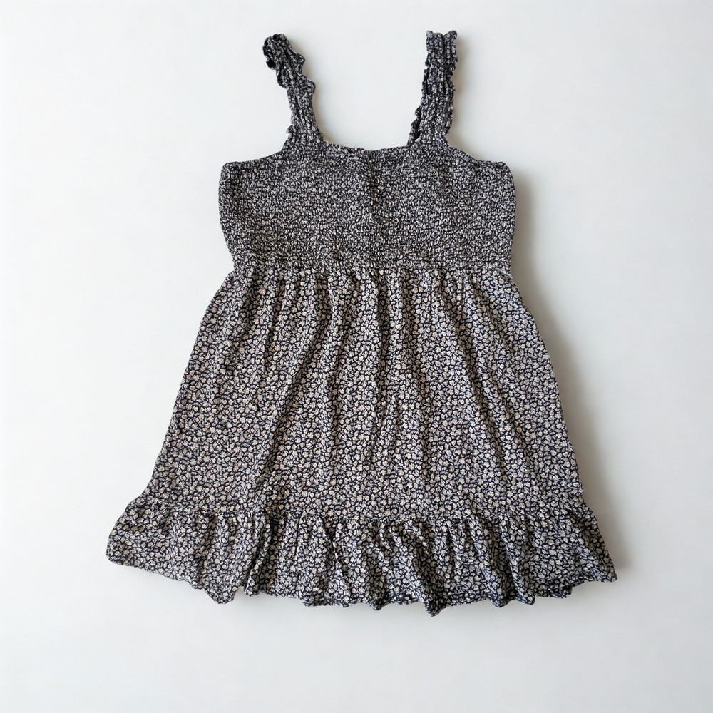 American Eagle Floral Smocked Mini Dress Ruffle Sleeveless Black Pink M Tall
